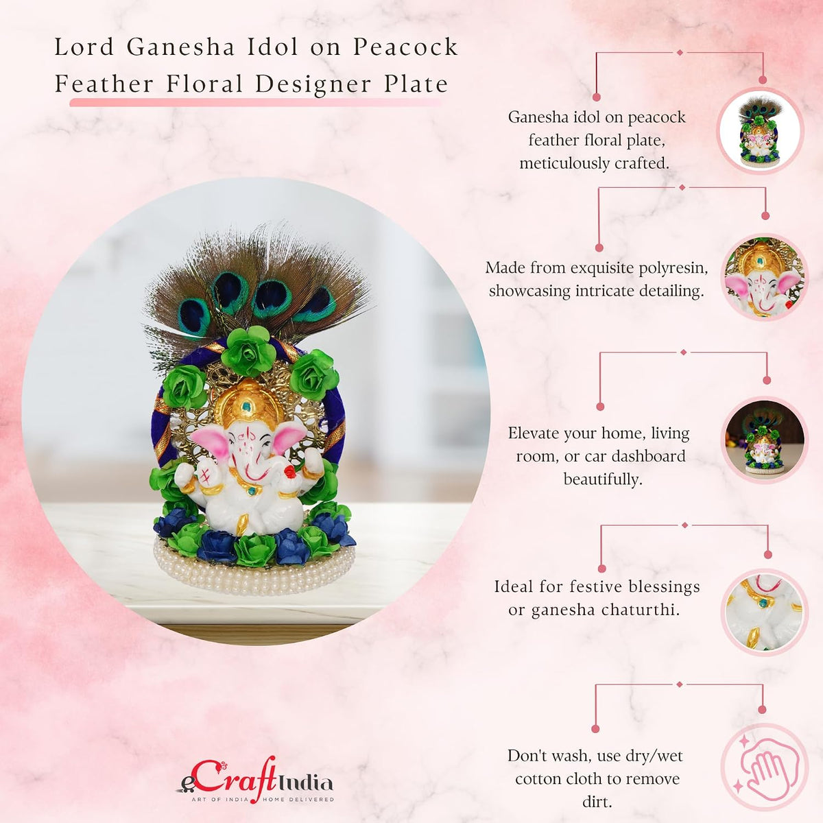 Resin Handcrafted Lord Ganesha Idol on Peacock Feather Floral Designer Plate, Divine Home Decor for Pooja Room, Car Dashboard | Gift for Diwali, Ganesh Chaturthi, Spiritual Enthusiasts
