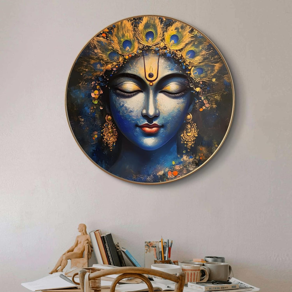 Lord Krishna Round Art Print with Golden Frame | Abstract Peacock Feather Divine Face HD Art Print for Living Room Pooja Home Décor 16 Inch x 16 Inch