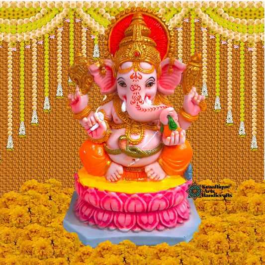 Lotus Seated Ganesh Idol | Ganesh Sitting on Lotus Flower Murti | Divine Ganpati Murti for Home Mandir & Office Decor | Ganpati Murti for Puja & Gifting (Marble,15 CM)