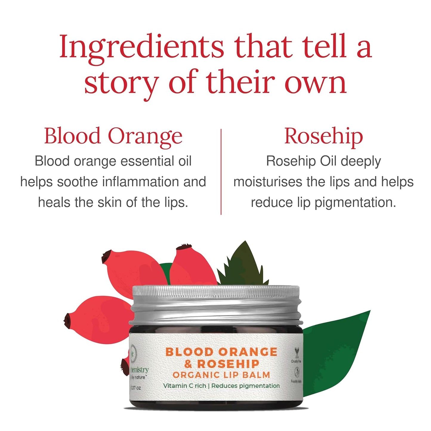 Juicy Chemistry Organic Lip Balm with Blood Orange & Rosehip, 5g | Deeply Moisturising & Brightening Lip Care | Reduces Lip Pigmentation | Dermatologically Tested | 100% Natural | Certified Organic & Cruelty-Free