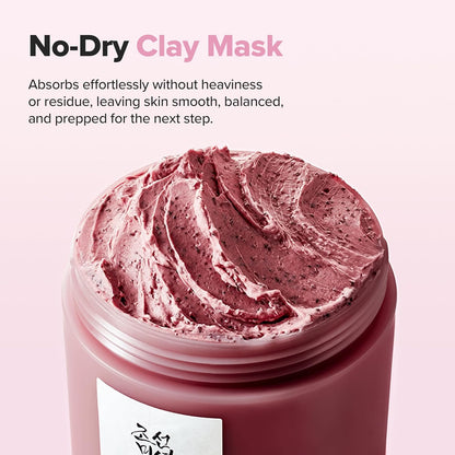 Pink clay mask in a jar with text about its properties on a pink background
