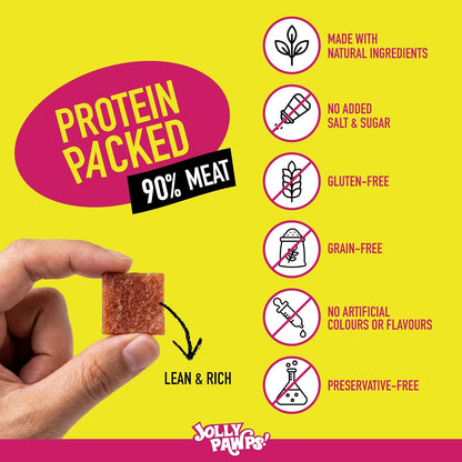Jolly Pawps Duck + Lamb Squares Dog Treat – 90% Prime Cut Meat, Lab Tested, Grain Free, 0% Salt or Sugar, Dog Treats for Adult Dogs & Puppies 85g