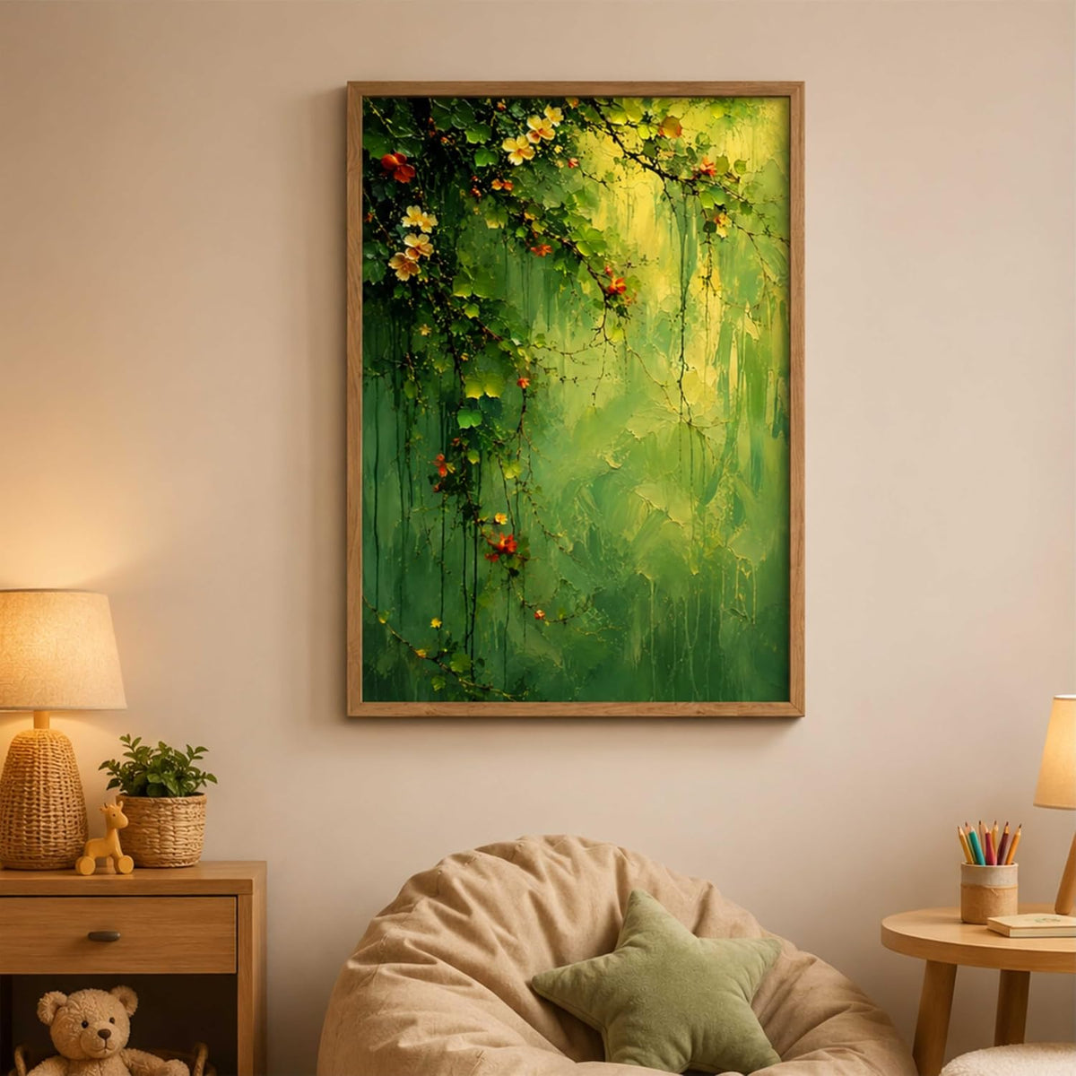 Green Floral Vine Wall Painting for Living Room Bedroom Hall Office Decor, Abstract Leaf Artwork with Sparkle Laminate and Premium Wooden Synthetic Frame (13.5 x 19.5 Inch) NM01-4111