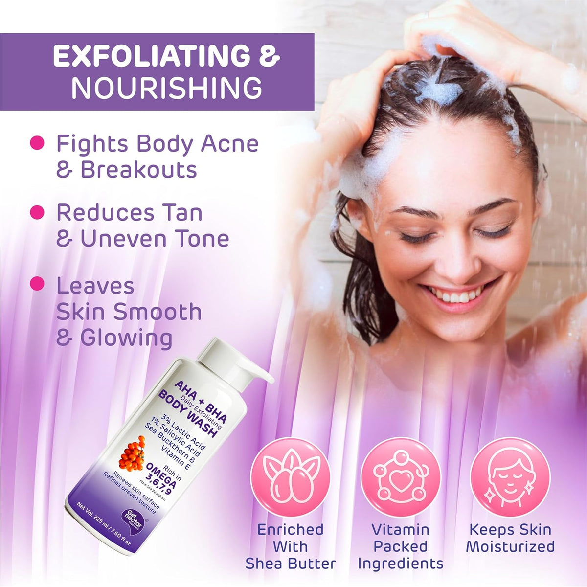 Woman washing her hair with a bottle of AHA+BHA body wash on a purple background with text about product benefits.