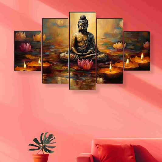 Buddha Paintings for Wall Decoration - Set Of Five, 3d modern art Painting for Living Room Large Size with Frames for Home Decoration, Hotel, Office 76.2 cm x 45 cm SANFPNLS35446
