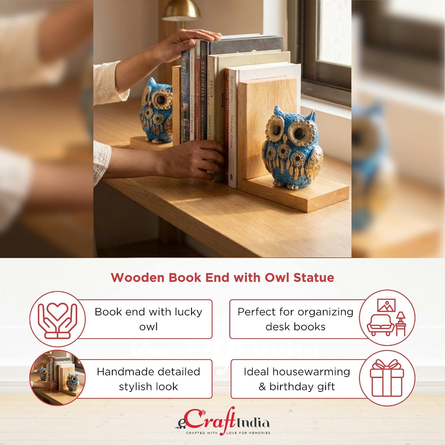 eCraftIndia Wooden Book End with Owl Statue for Good Luck Showpiece for Home Decor Office Table | Gift for Housewarming Birthday
