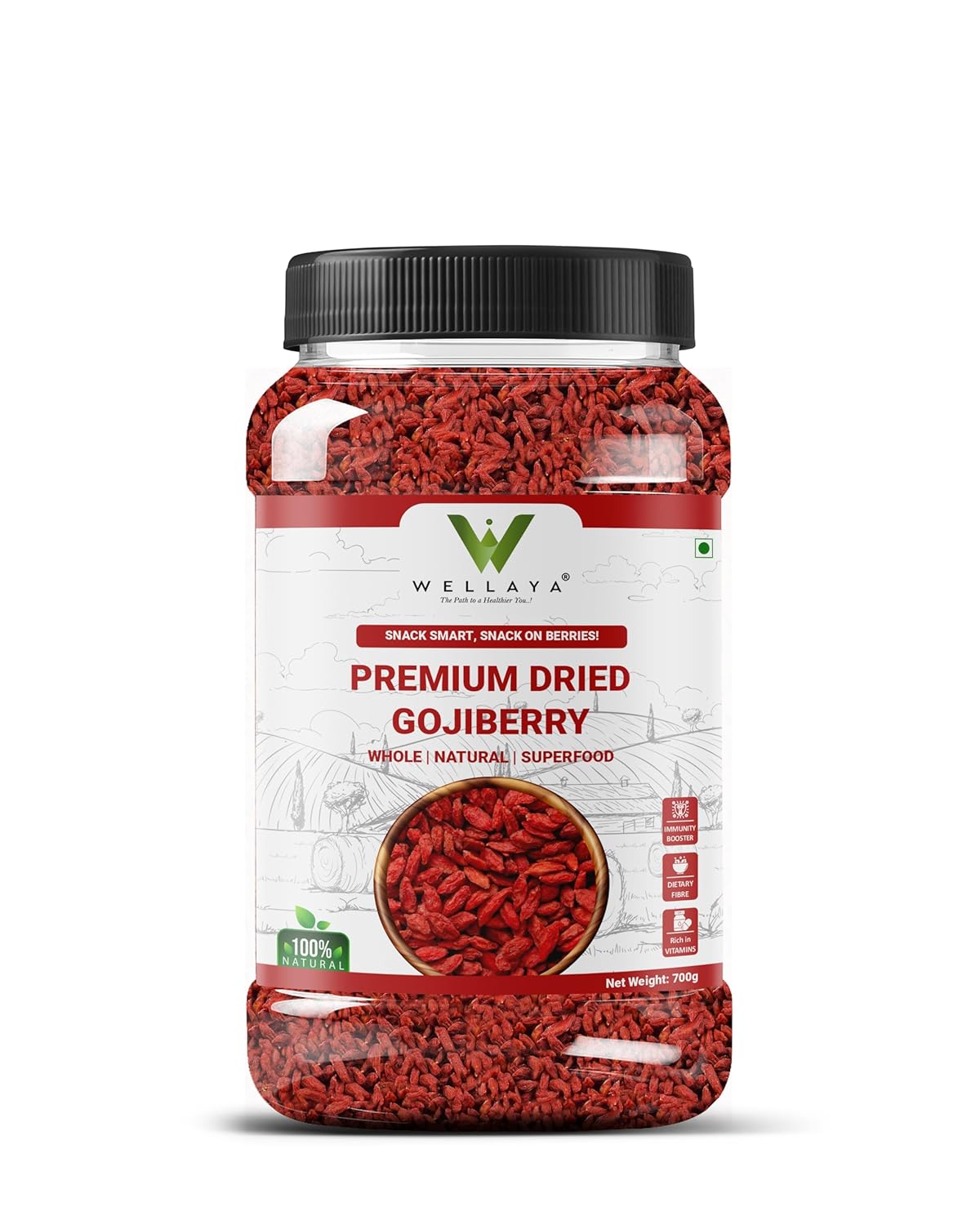 WELLAYA Premium Dried GojiBerry | Whole Chewy GojiBerry Dry Fruit | High in Vitamins, Fiber & Rich in Antioxidants | Immunity Booster Goji Berry Toppings for Fruit & Salads