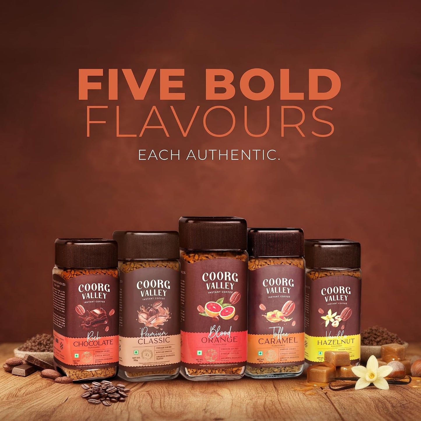 Coorg Valley Toffee Caramel Instant Coffee 50g | Flavoured Coffee | Premium Blend of Robusta & Arabica | Freeze Dried | Make Café Style Hot & Cold Coffee at Home