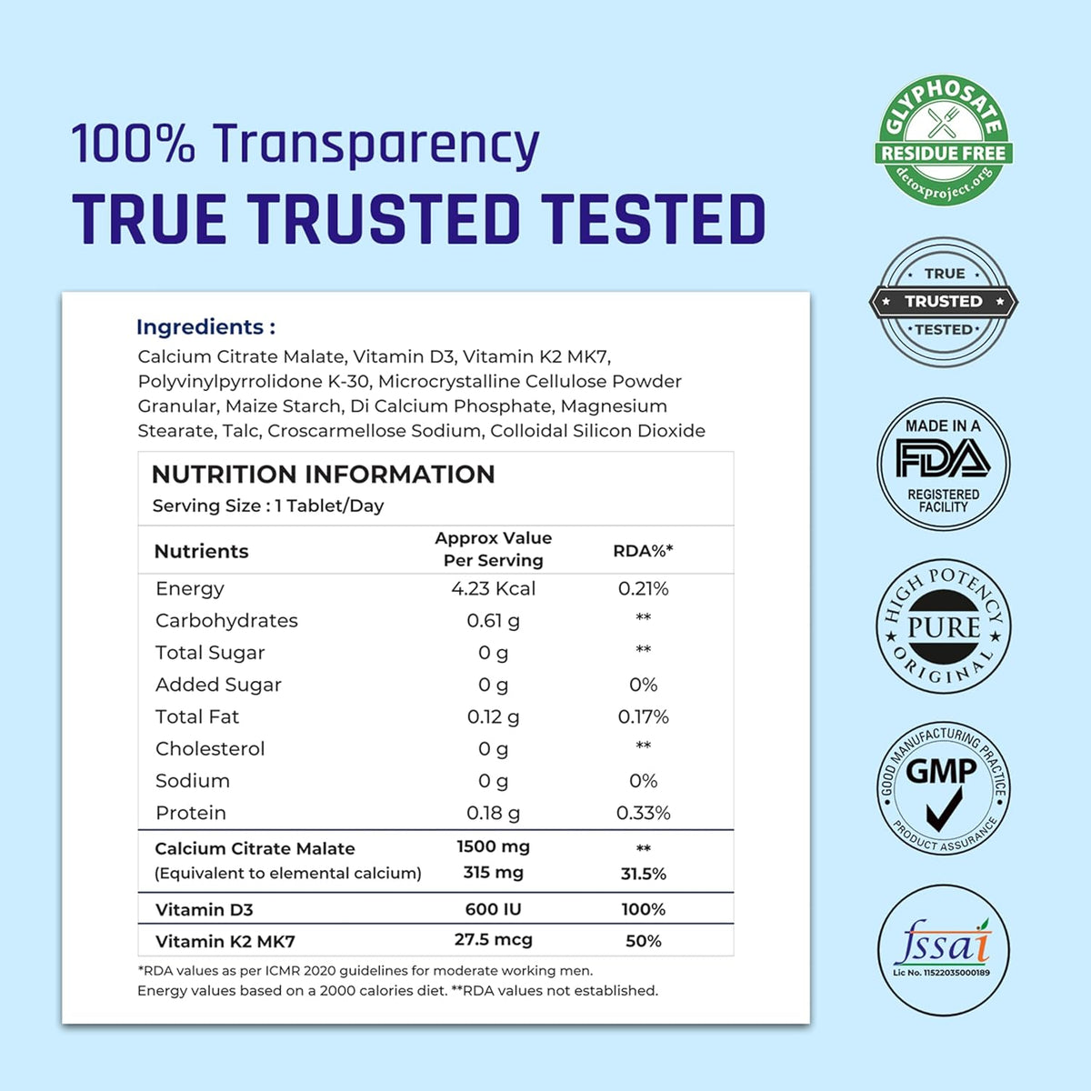 Nutritional label with ingredients and certification logos on a light blue background