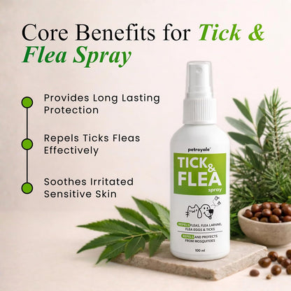 Petroyale Tick and Flea Spray for Dogs & Cats - Natural Oils - Essential for Flea & Tick Treatment - Easy-to-Use Flea Spray for Dogs and Cats - Anti tick Spray for Dog - Safe for Pets (100 ML)