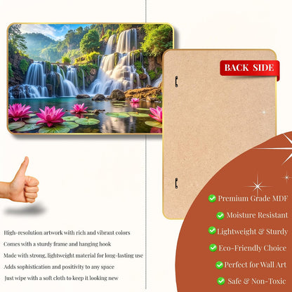 Lotus Waterfall Wall Painting for Living Room | Vastu Positive Energy Wall Decor | Premium UV Printed Nature Scenery Artwork for Home, Bedroom, Office Decoration | Waterproof & Fade Resistant Ready to Hang (Style-04, 12x18 inch)