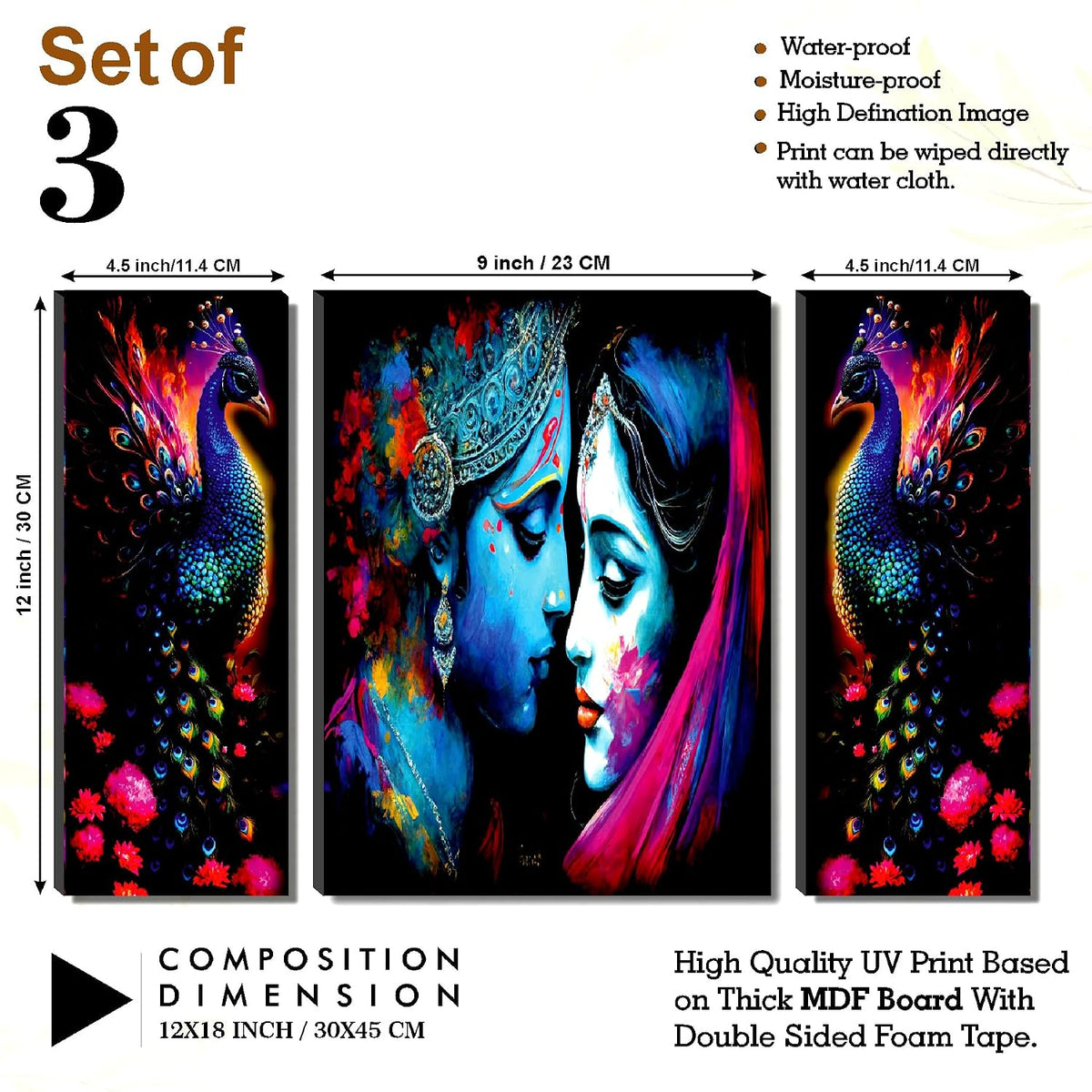 Radha Krishna with Vibrant Peacock Wall Art – 3-Panel UV-Printed Spiritual Triptych | Ready-to-Hang Indian Devotional Décor (20 Inch x 12 Inch) JM-35307