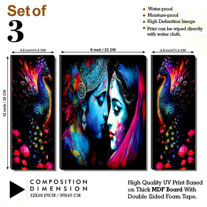 Radha Krishna with Vibrant Peacock Wall Art – 3-Panel UV-Printed Spiritual Triptych | Ready-to-Hang Indian Devotional Décor (20 Inch x 12 Inch) JM-35307