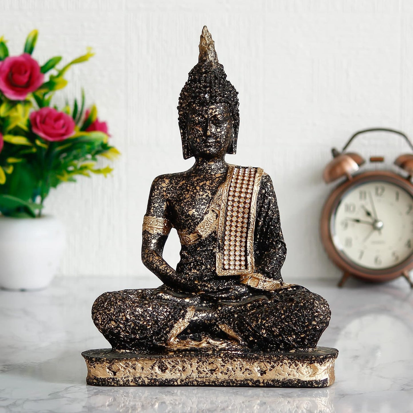 eCraftIndia Golden Black Meditating Lord Buddha Idol for Home Decor Living Room Office | Gautam Buddha Statue Gift for Diwali Housewarming Birthday Buddha Purnima
