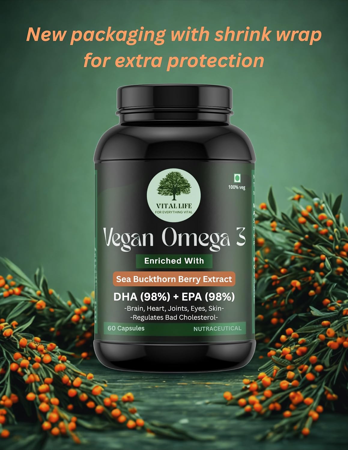 VITAL LIFE Vegan Omega 3 Vegetarian Capsules, 60 Caps | 98% DHA & EPA, Sea Buckthorn Berry, Algal DHA & Flaxseed Extract, Heart, Brain, Joint & Skin Health