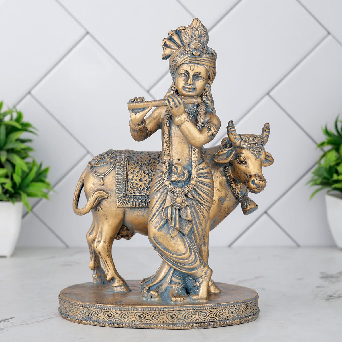 Krishna Cow Idol Statue Showpiece for Pooja Home Decor Items for Living Room and Gifts-A_GOL_BLU-KRN5