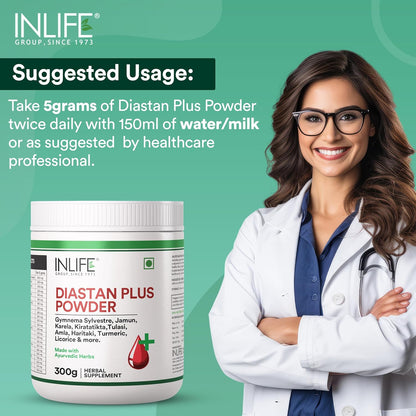 INLIFE Diastan Plus Powder| Ayurvedic Herbal Supplement| Infused with Gymnema Sylvestre, Jamun, Karela, Tulasi, Amla, Turmeric, Licorice for More Glucose Support & Metabolisam| For Men & Women 300g