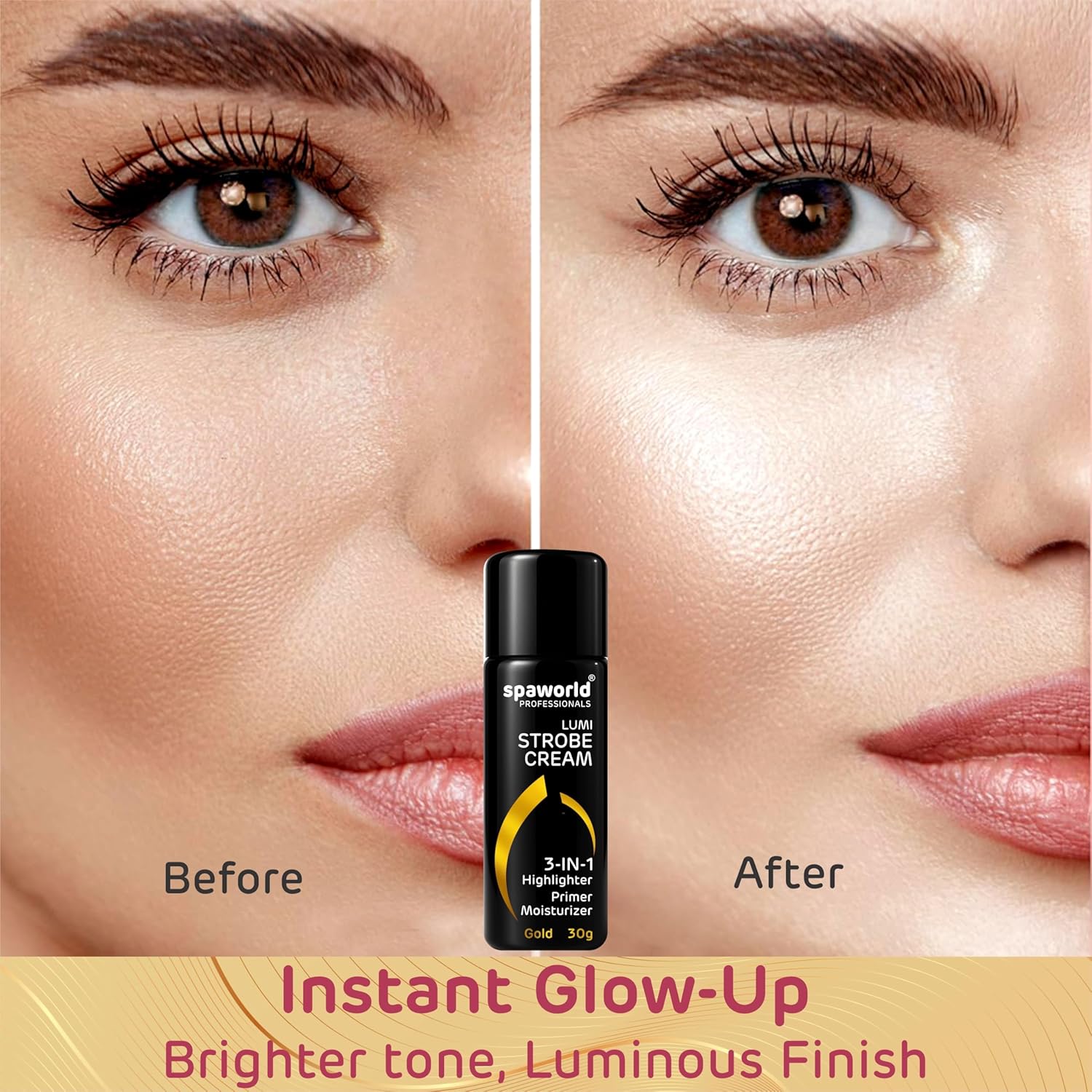 Before and after comparison of a woman's face with a Strobe Cream bottle, showing an instant glow-up effect.