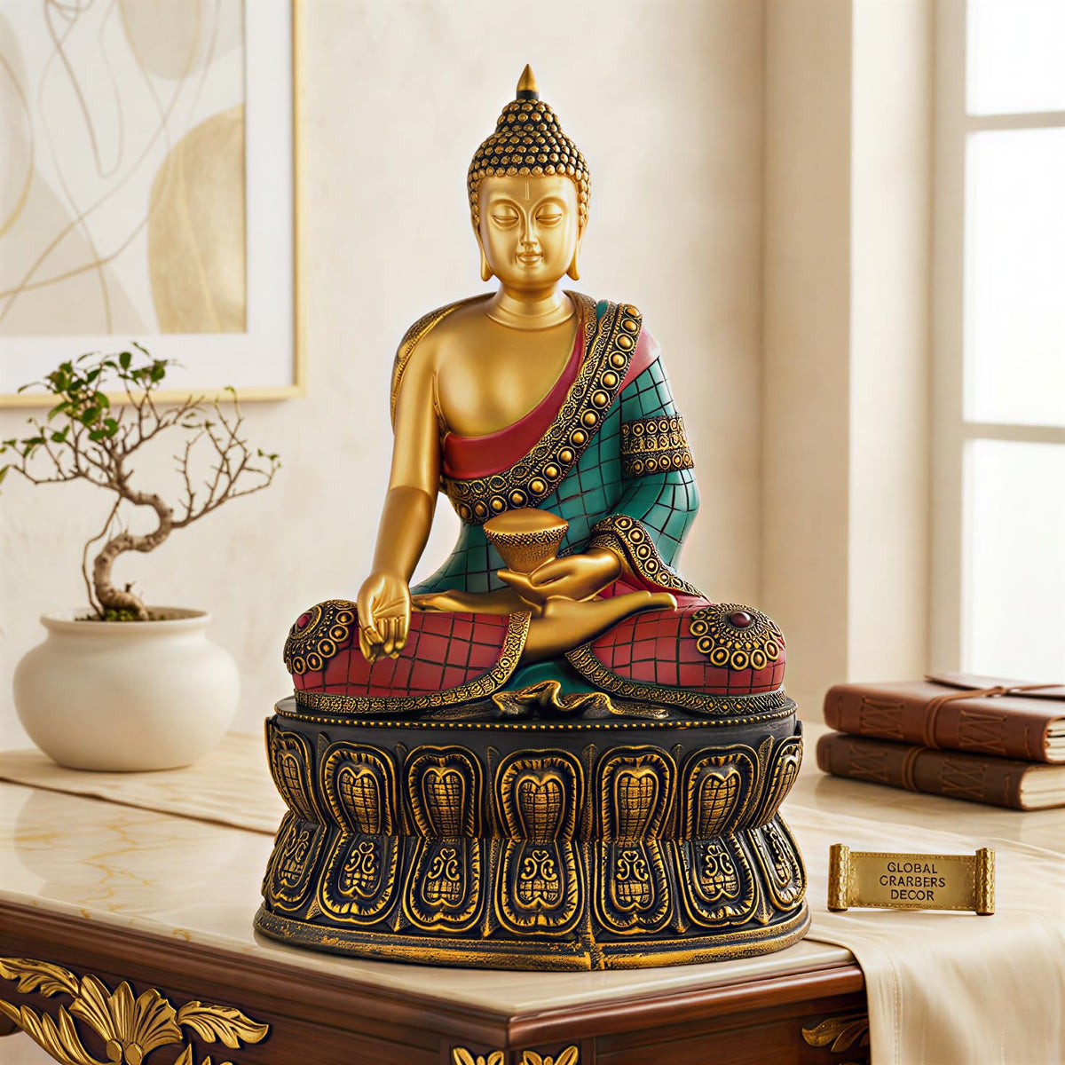 Buddha Statue Showpiece Idol Home Decor Items for Living Room and Gifts (Golden RED Blue)