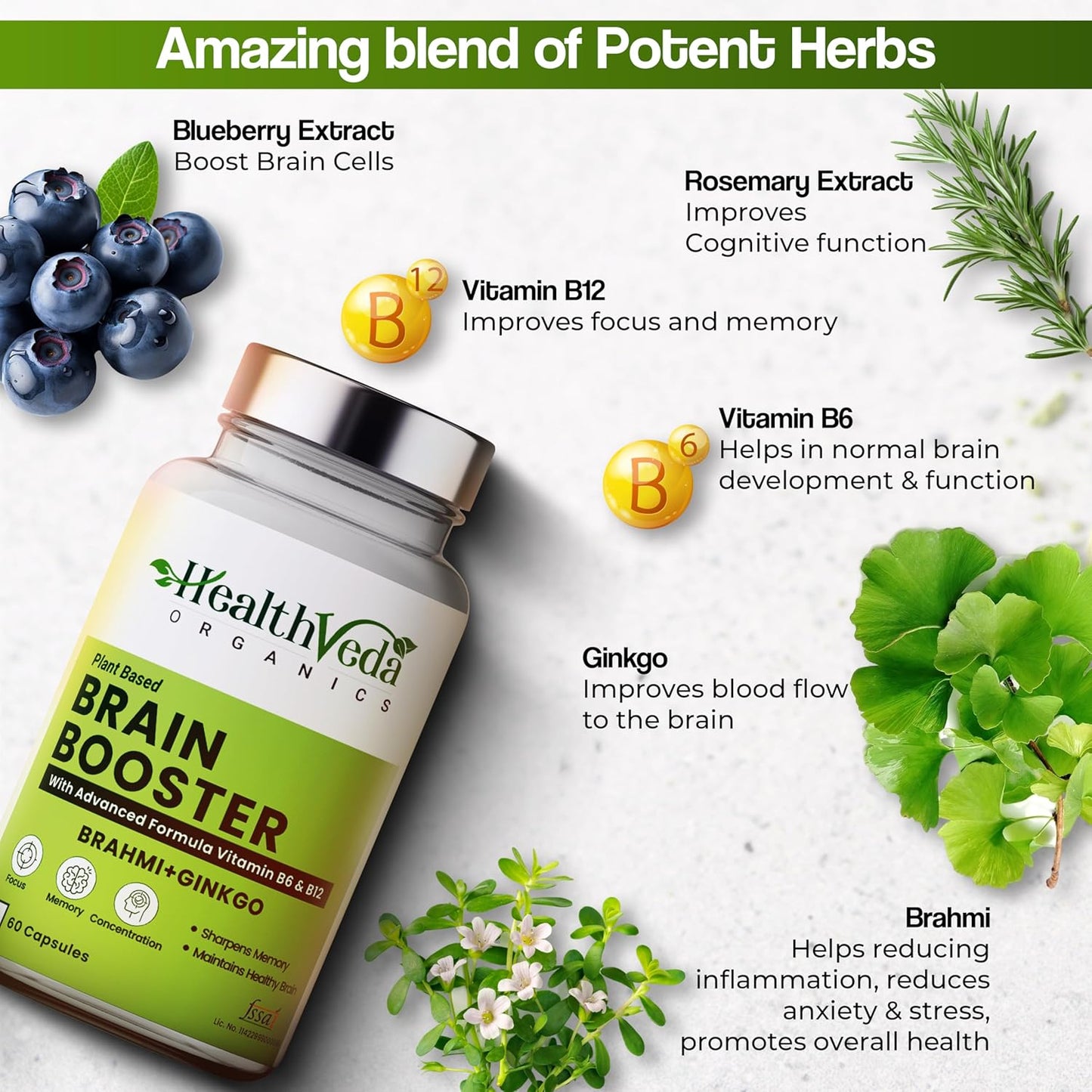 Zephivo HEALTH VEDA ORGANICS PRIVATE LIMITED Plant Based Brain Booster With Ginkgo Biloba & Brahmi I 60 Veg Capsules I Boosts Concentration & Learning Activities