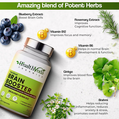 Zephivo HEALTH VEDA ORGANICS PRIVATE LIMITED Plant Based Brain Booster With Ginkgo Biloba & Brahmi I 60 Veg Capsules I Boosts Concentration & Learning Activities