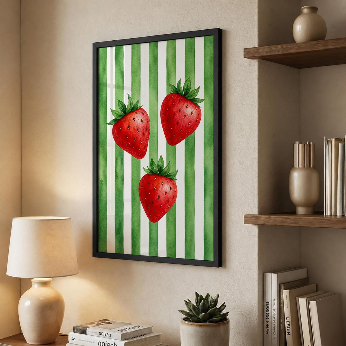 Strawberry Wall Art Framed Painting for Home Decor, Fruit Botanical Artwork Wall Decor for Living Room Bedroom Kitchen Dining Room, Green Retro Aesthetic Room Decoration (DGN06-Black10x13 inch)