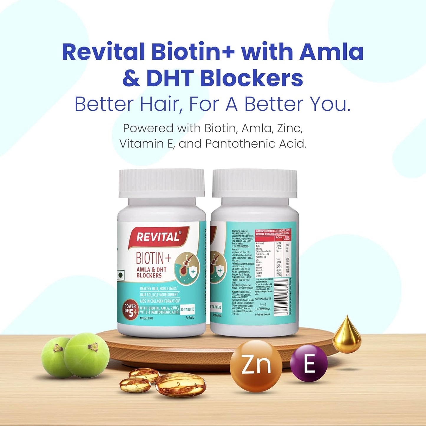 Revital Biotin+ with Amla and DHT Blockers for Hair Growth | Biotin, Amla, Zinc, Vitamin E & Pantothenic Acid | Supports Hair Strength & Skin Health | 50 tablets
