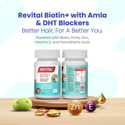 Revital Biotin+ with Amla and DHT Blockers for Hair Growth | Biotin, Amla, Zinc, Vitamin E & Pantothenic Acid | Supports Hair Strength & Skin Health | 50 tablets