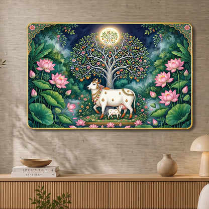 Kamdhenu Cow with Calf Under Kalpavriksha Tree Wall Painting for Living Room Bedroom | Pichwai Style Wooden Golden Stripe Framed Wall Decor (12x18 inch)