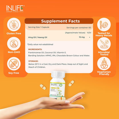 INLIFE Hing Oil Capsule (Asafoetida) | Faster Absorption than Powder | Digestion Support Supplement for Men and Women, 15mg - 60 Liquid Filled Vegetarian Capsules (Pack of 1, 60)