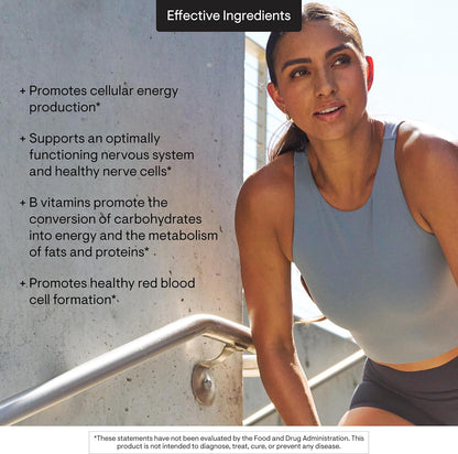 Woman in athletic wear standing outdoors with text about product ingredients.