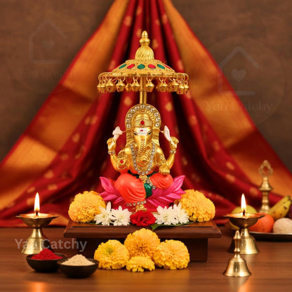 Yaa Catchy Lord Ganesha Car Dashboard Idol & Crystal Stones Hindu God Ganpati.Believed to Protect and Bless Travelers on Their Journeys. (Umbrella Colour)
