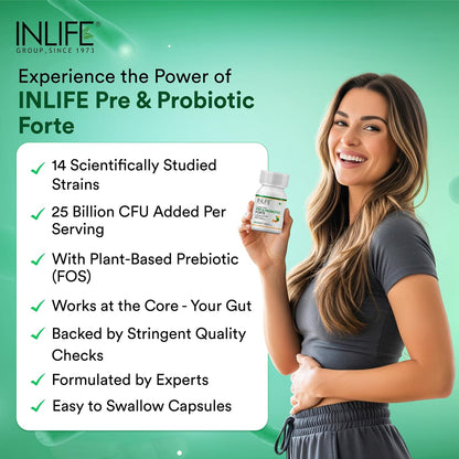 Woman holding INLIFE Pre & Probiotic Forte supplement with product details on a green background