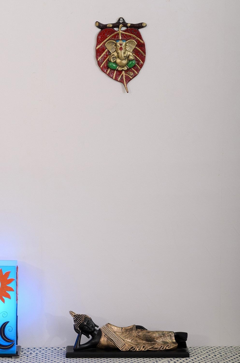eCraftIndia Lord Ganesha in Green Dhoti on Red Leaf Wall Hanging