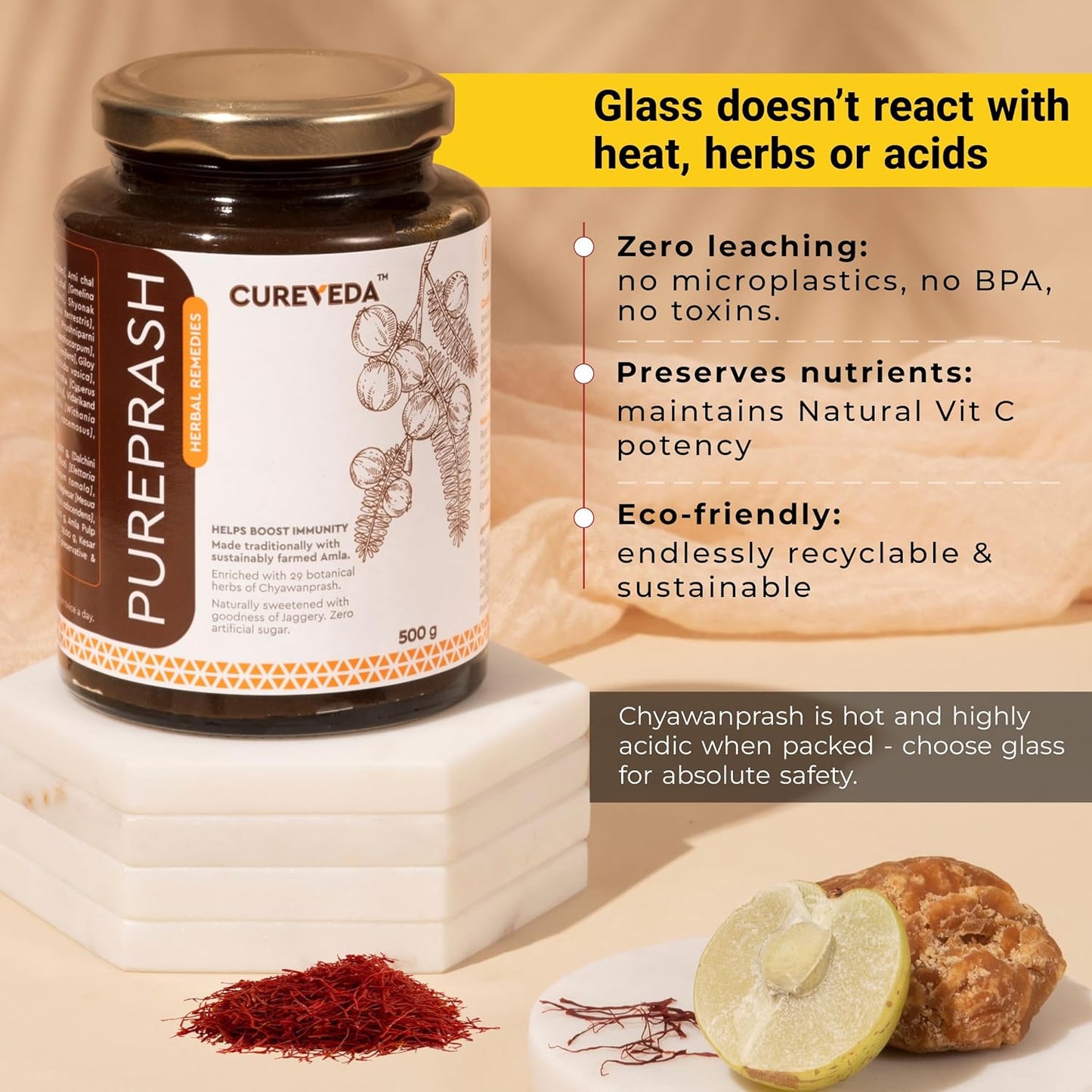 Cureveda Pureprash jar with text highlighting benefits on a beige background