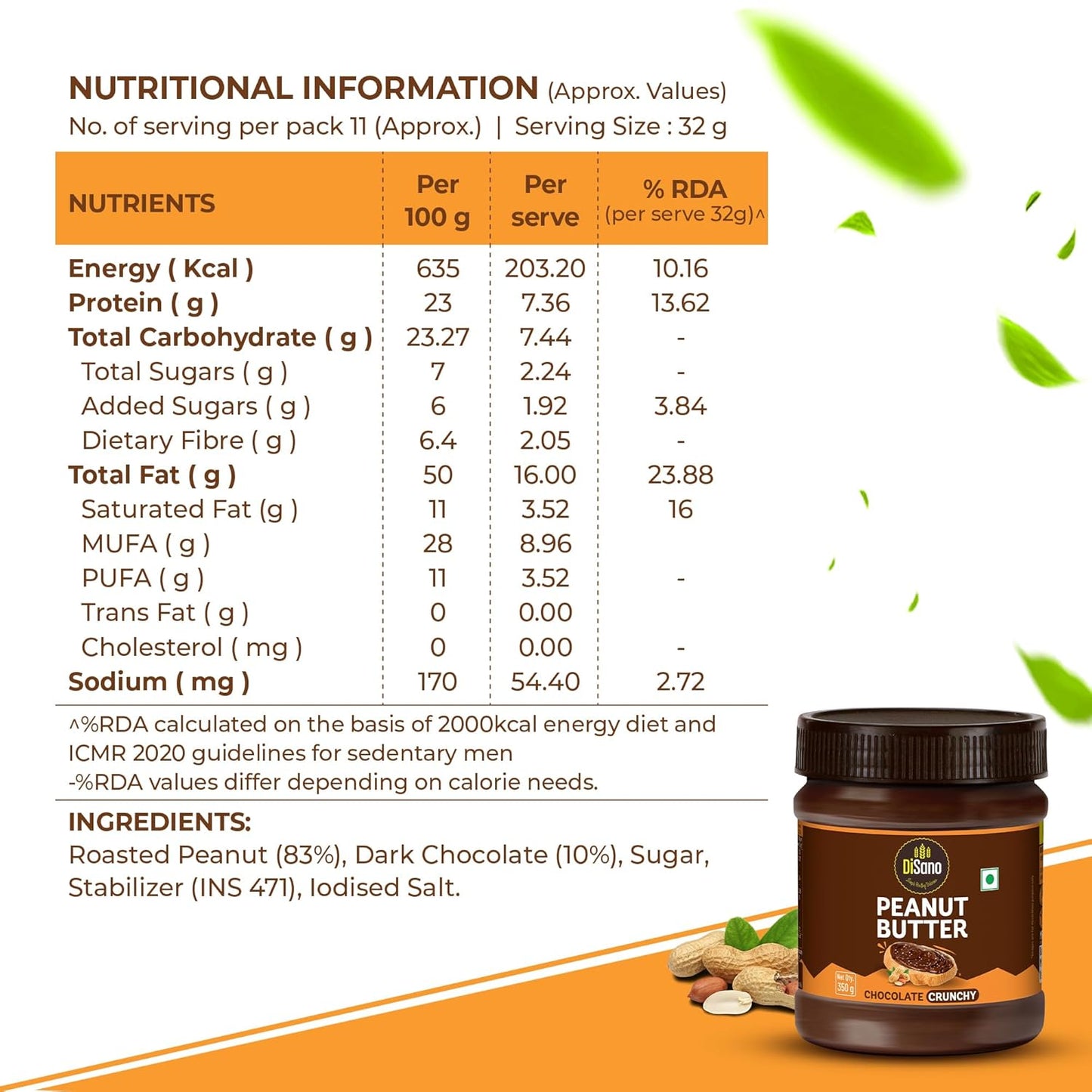 DiSano Chocolate Peanut Butter Crunchy, 23g Protein & 6.4g Dietary Fibre, Tasty & Healthy Chocolate Spread for Breakfast & Snacks, Made with Premium Roasted Peanuts
