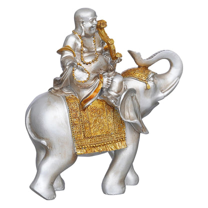 Silver Golden Resin Laughing Buddha Statue Seating on Elephant Figurine Showpiece for Home Decor Living Room Bedroom Laughing Buddha for Good Luck Money| Gift for Birthday Friendship Day