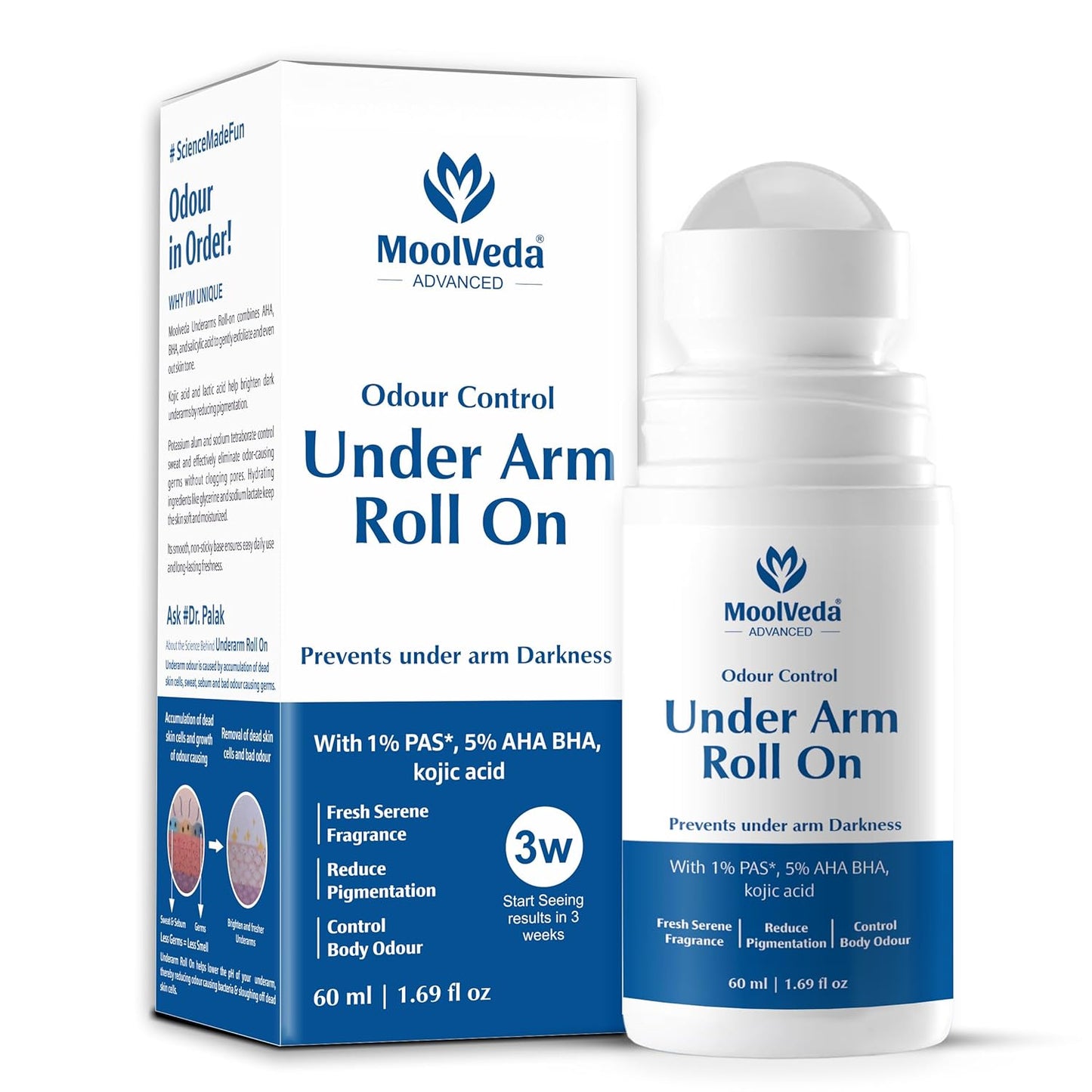 MoolVeda Under Arm Roll On packaging and bottle on a white background