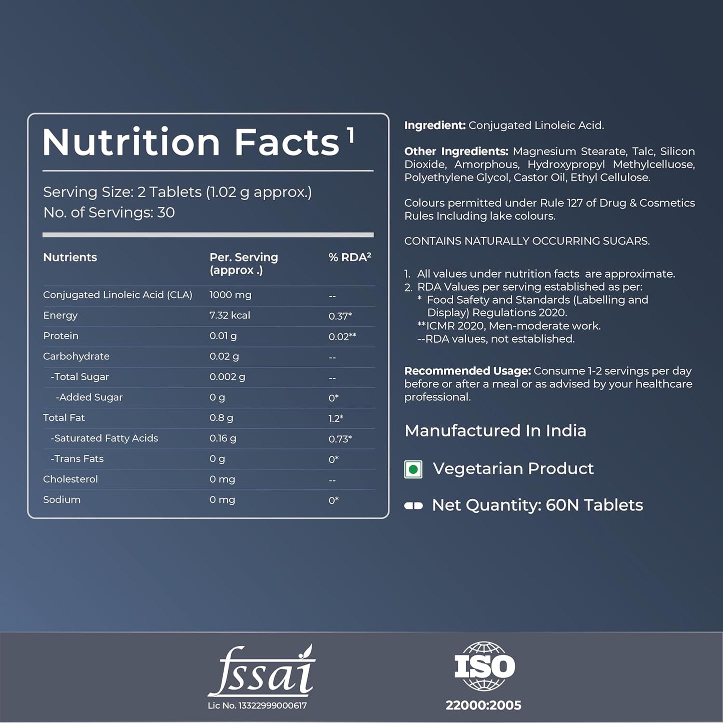 Nutrition facts label with ingredient list on a dark blue background