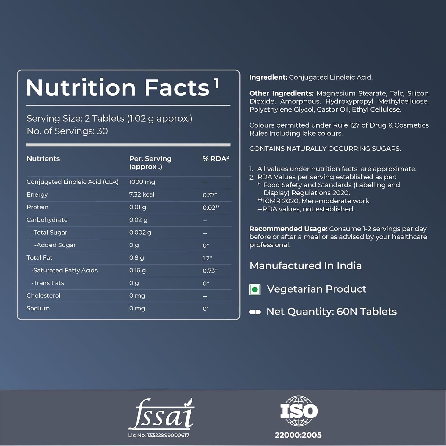 Nutrition facts label with ingredient list on a dark blue background