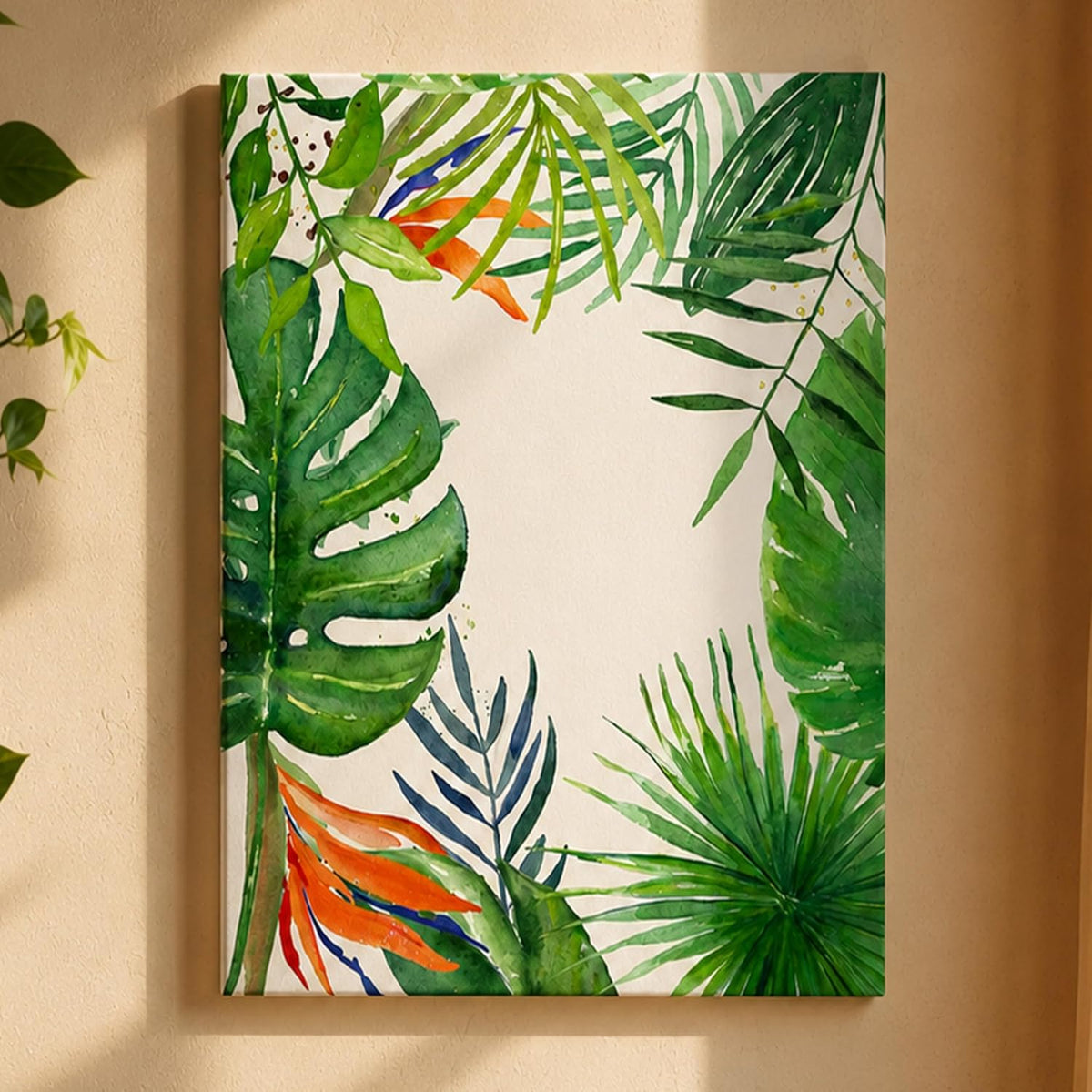 Tropical Green Leaves Framed Canvas Wall Art Painting for wall decoration | Botanical Leaf Nature Inspired Painting for Living Room, Bedroom and Office, 22x34 Inch