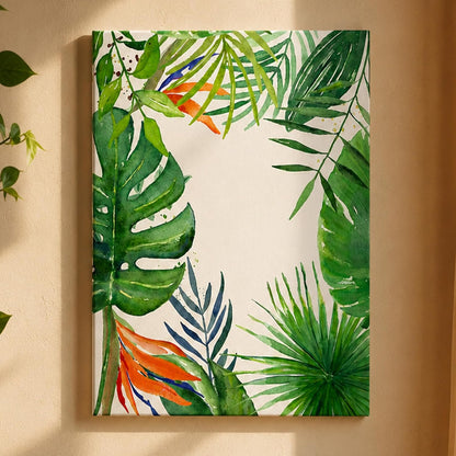 Tropical Green Leaves Framed Canvas Wall Art Painting for wall decoration | Botanical Leaf Nature Inspired Painting for Living Room, Bedroom and Office, 22x34 Inch