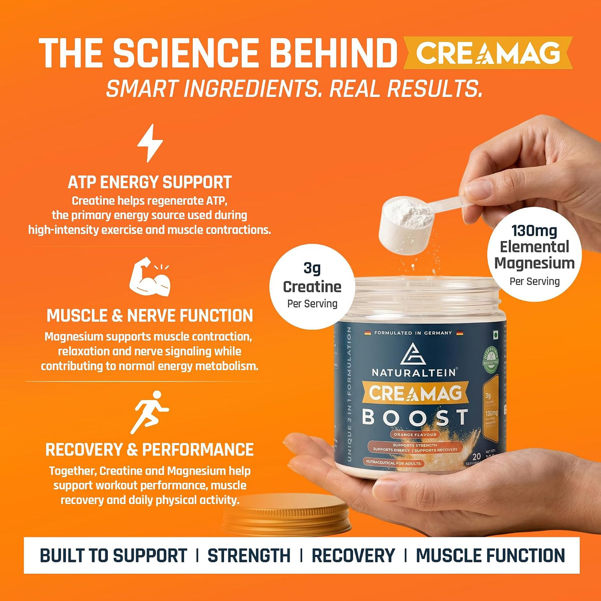 Naturaltein Creamag Boost Creatine 3g + Magnesium Bisglycinate 130mg Supplement Powder, Orange Flavour, Supports Strength, Energy & Recovery, 100g (20 Servings)