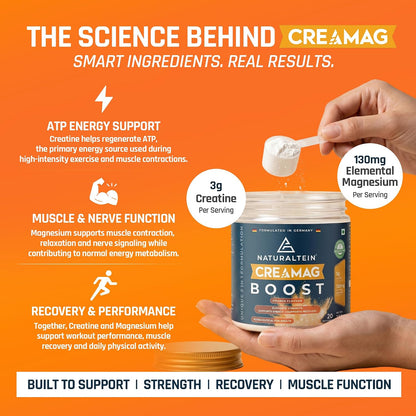 Naturaltein Creamag Boost Creatine 3g + Magnesium Bisglycinate 130mg Supplement Powder, Orange Flavour, Supports Strength, Energy & Recovery, 100g (20 Servings)