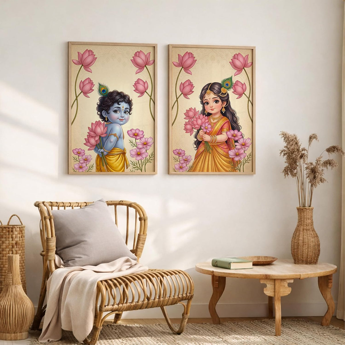 Radha Krishna Painting with Lotus Flowers | Set of 2 Framed Wall Art Paintings | Traditional Indian Decor for Living Room Bedroom Pooja Room | (ART 5, 13x19 INCHES)