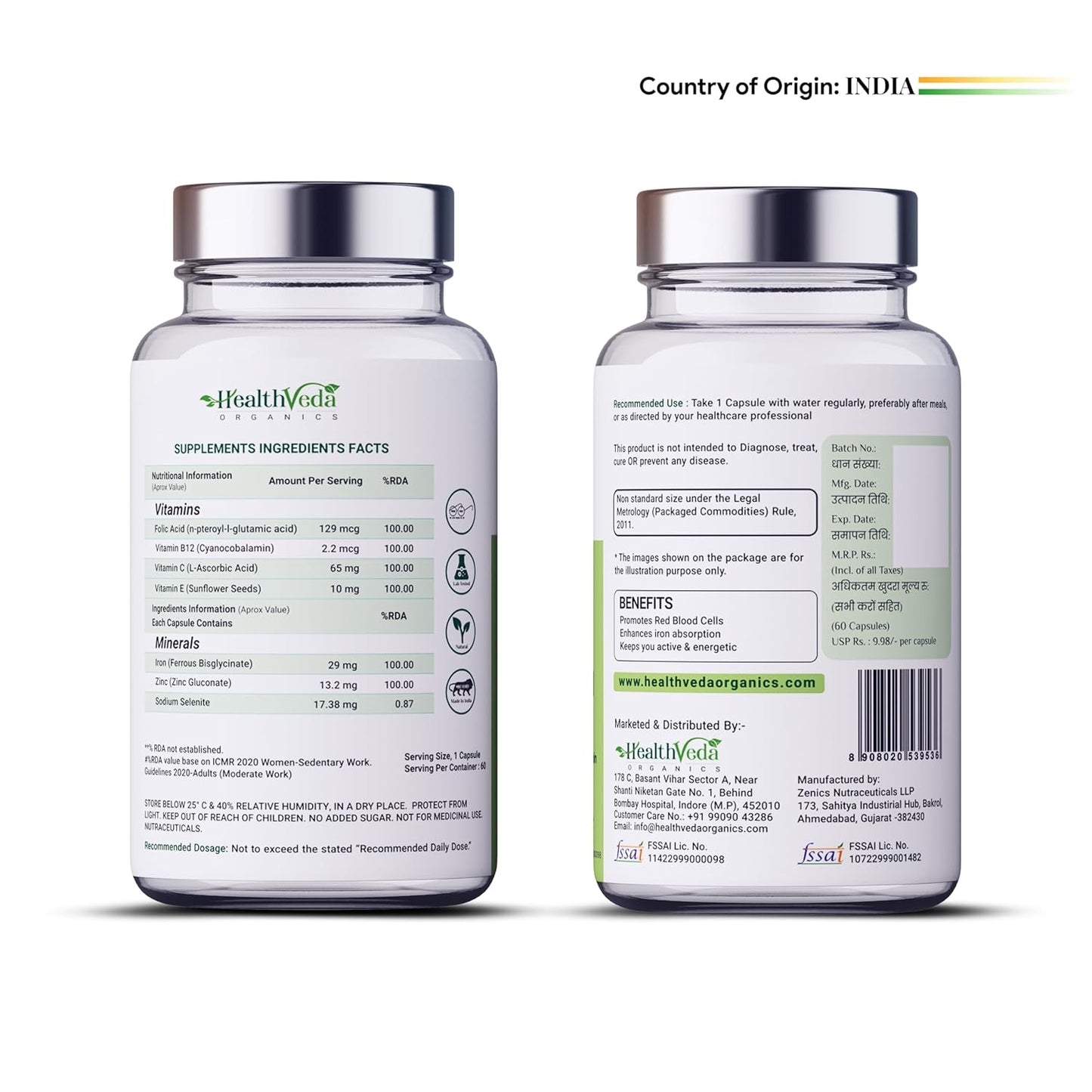 Zephivo HEALTH VEDA ORGANICS PRIVATE LIMITED Chelated Iron Folic Acid Supplement With Zinc, Vitamin C & B12, Zinc & Spinach Leaves | Hemoglobin, Boost Immunity & Maintains Iron Level | 60 Veg Capsules