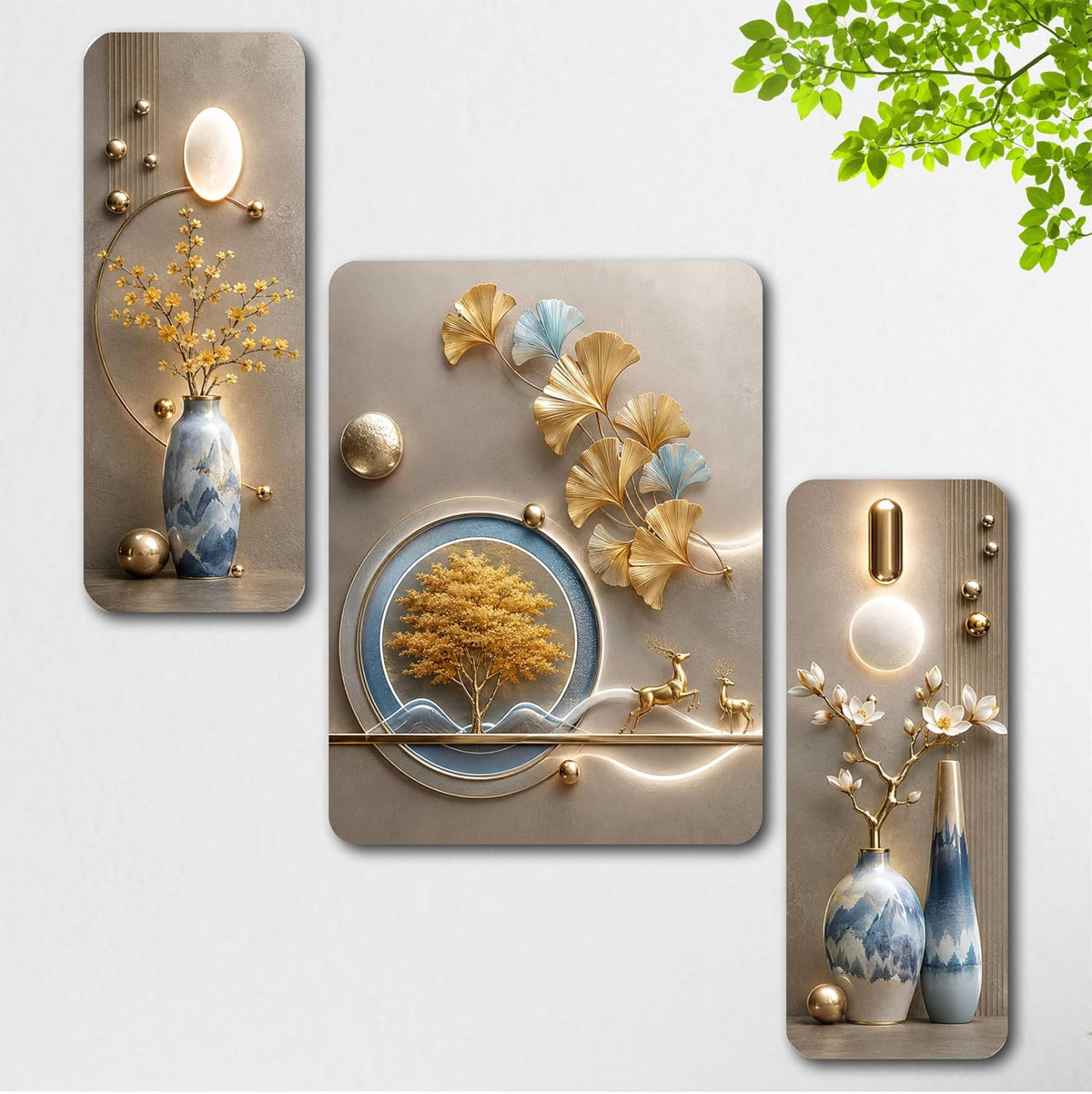 Golden Ginkgo Tree and Deer Wall Painting Set of 3 on MDF Board with UV Textured Finish, Blue Grey Botanical Art for Living Room Bedroom Office Home Decor (12 x 18 Inch) JML-6004