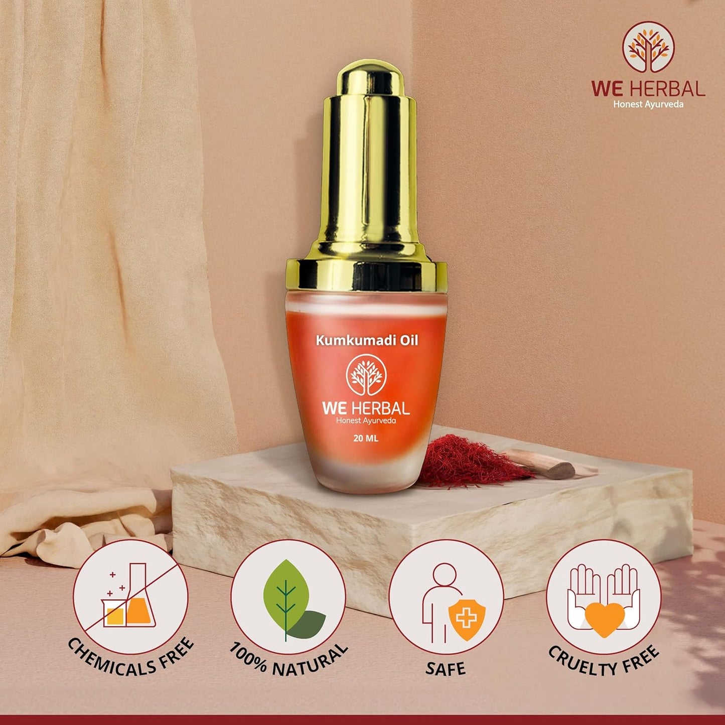 WeHerbal Kumkumadi Face Oil 10ml, Ayurvedic Brightening & Anti-Ageing Serum with Saffron, Turmeric & Sandalwood, Repairs Pigmentation & Fine Lines, No Added Colour or Fragrance