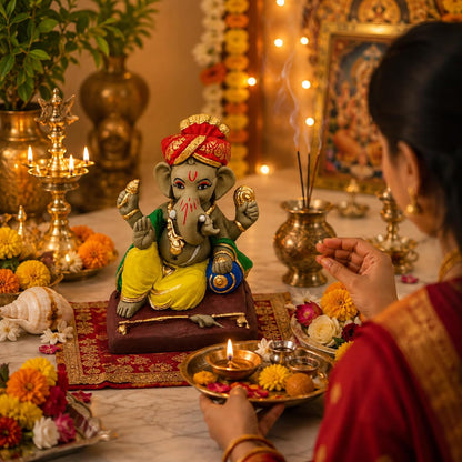SHOPMEFAST Clay Ganesh Idol, 4 Inches Height, Water Soluble Ganpati Murti for Ganpati Visarjan (Small) (Multicolor - Pagri Ganesha)