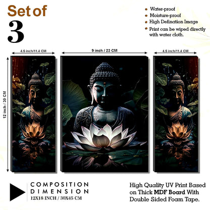 Buddha & Lotus Wall Art – 3-Panel UV-Printed Zen Triptych | Ready-to-Hang Spiritual Home Décor (20 Inch x 12 Inch) JM-35297